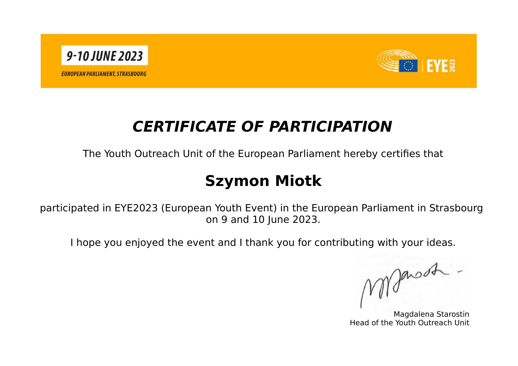 European Parliament certificate of participation in EYE2023 for Simon Miotk