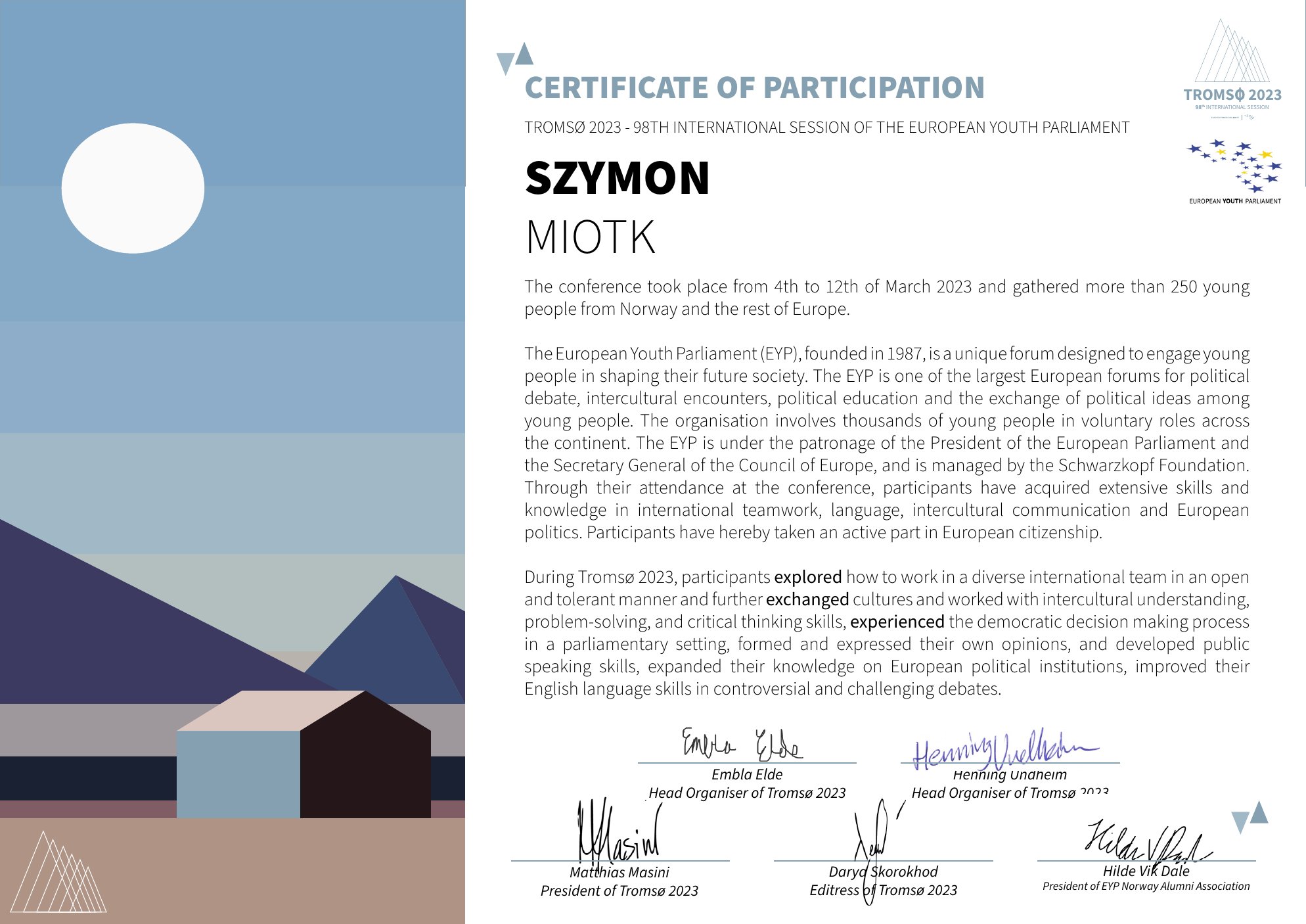 Certificate of participation · 98th International Session, Tromsø 2023