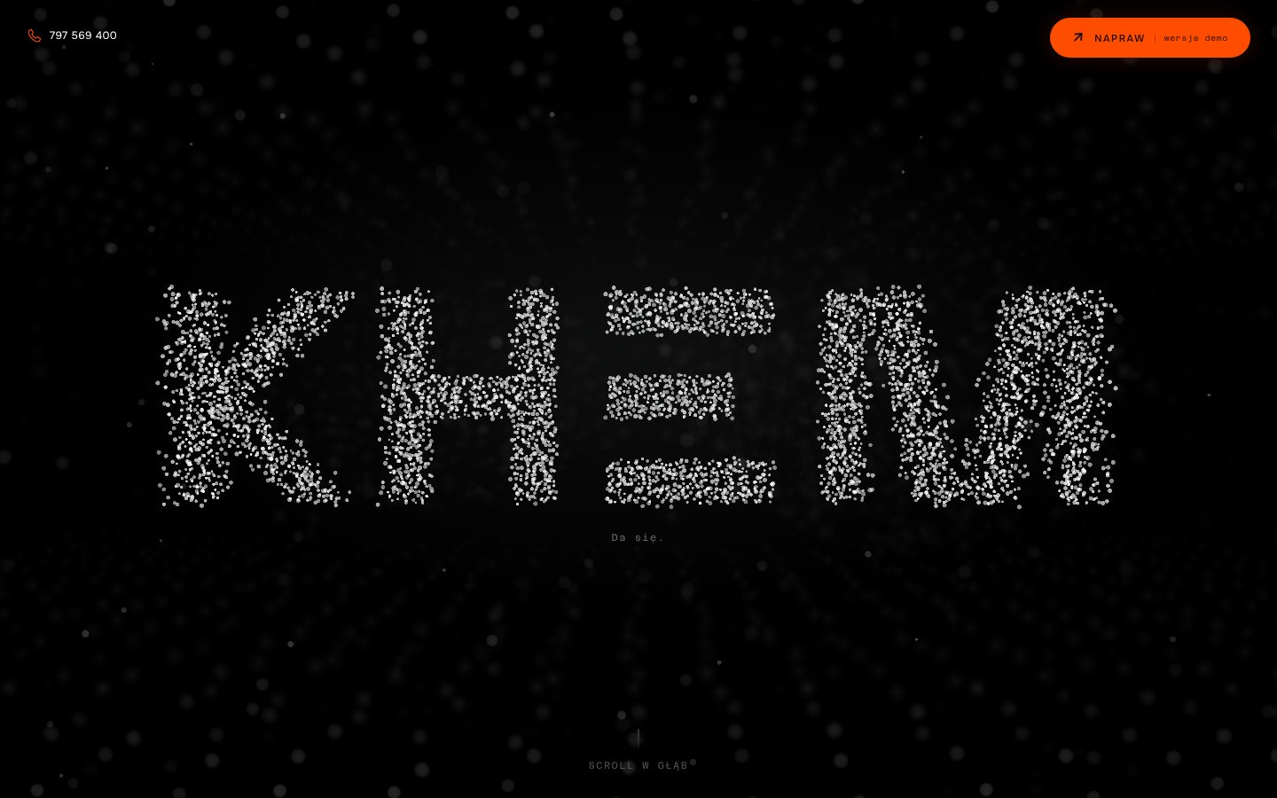 KHEM website, particle wordmark on black